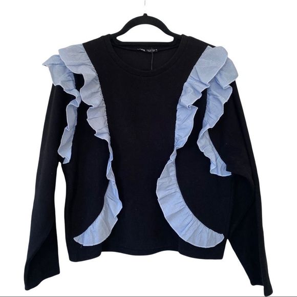 NWT ZARA CONTRASTING POPLIN SWEATER BLACK WITH WHITE /blue micro stripe L - Picture 2 of 8